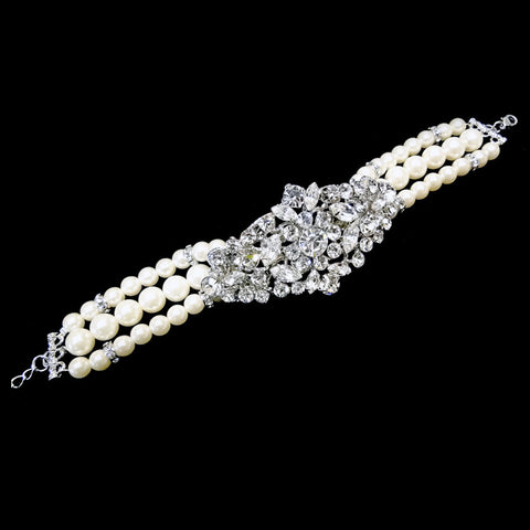 Antique Rhodium Silver Freshwater Pearl & Rhinestone Bridal Wedding Bracelet 9881