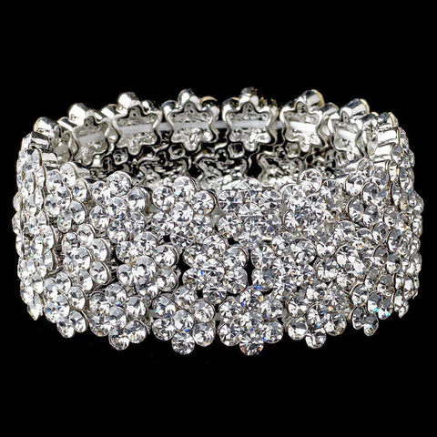 Clear Rhodium Flower Rhinestone Stretch Bridal Wedding Bracelet 9886