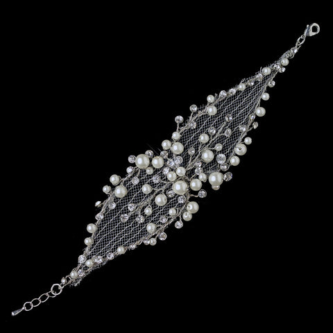 Hand Made Silver Diamond White Lace Pearl & Rhinestone Bridal Wedding Bracelet 9902