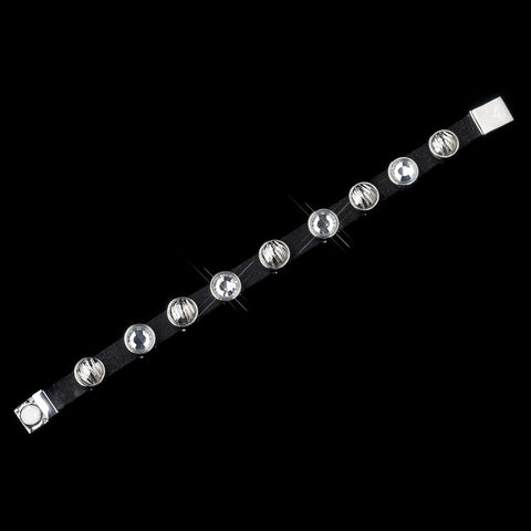 Silver Black Suede & Clear Rhinestone Gem Crystal Bridal Wedding Bracelet 9964
