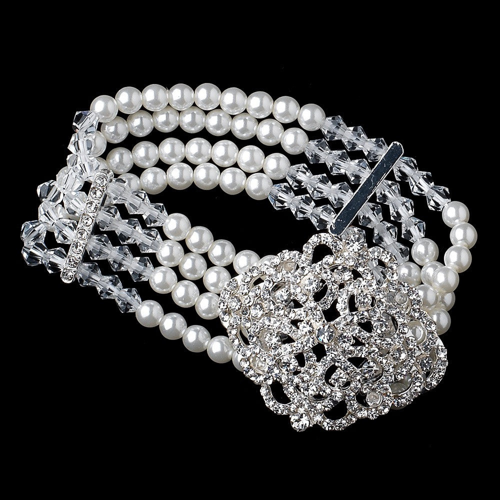 Silver Ivory Pearl, Swarovski Crystal Bead & Rhinestone Stretch Bridal Wedding Bracelet