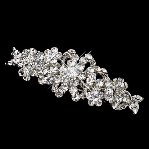 Rhodium Silver Clear Rhinestone Floral Bridal Wedding Hair Barrette 1119