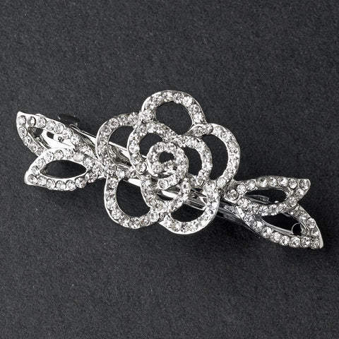 Rhodium Silver Clear Rhinestone Rose Bridal Wedding Hair Barrette 4010