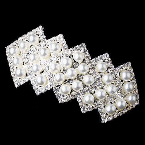 Silver Zigzag Rhinestone & White Pearl Bridal Wedding Hair Barrette 70822