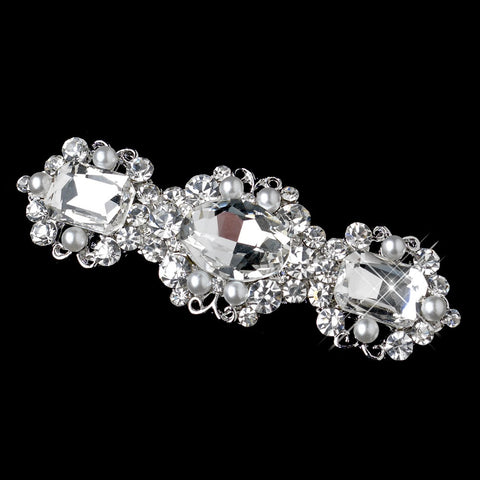 Antique Silver White Pearl & Rhinestone Bridal Wedding Hair Barrette 70991