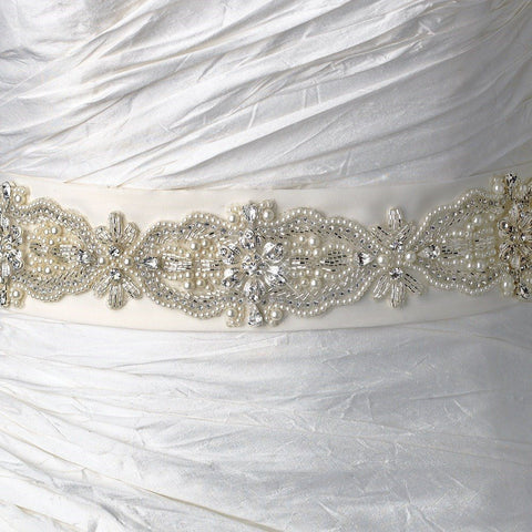 * Faux Pearl Rhinestone & Bugle Beaded Bridal Wedding Sash Belt 11