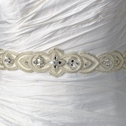 Embroidered Faux Pearl & Silver Beaded Bridal Bridal Wedding Sash Belt with Rhinestones 14