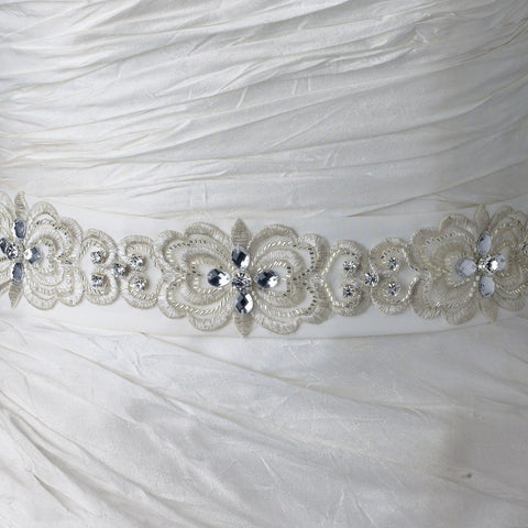 Floral Embroidered Bridal Wedding Belt 250 with Rhinestones, Beads & Swarovski Crystal Beads