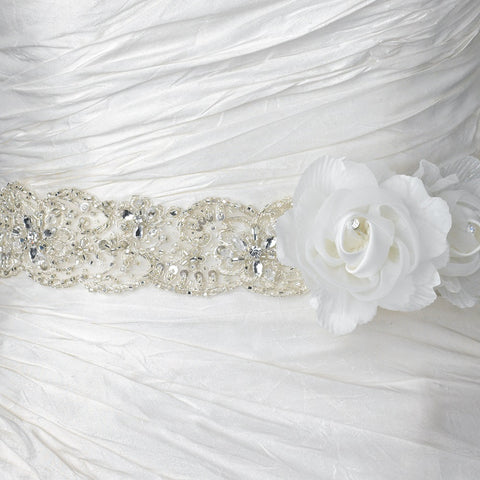 Ivory Lace Beaded Embroidered Applique Bridal Wedding Belt with Satin Flowers 276