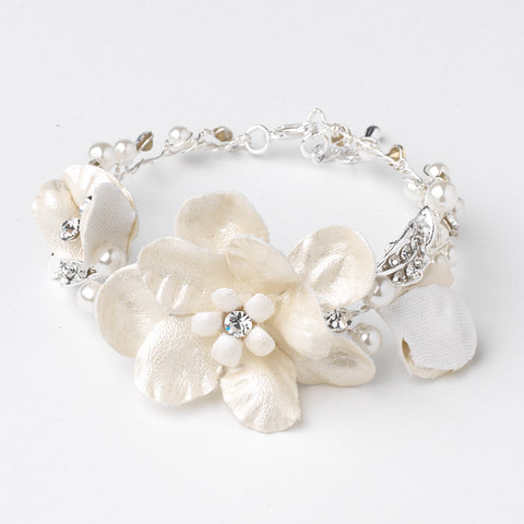 Fabric Flower Bridal Wedding Bracelet with Pearl & Rhinestone Accents 10001