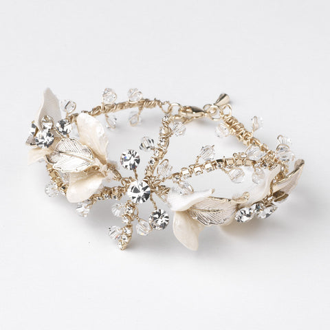 Light Gold Rum Pink Crystal Rhinestone Leaf Bridal Wedding Bracelet 10004