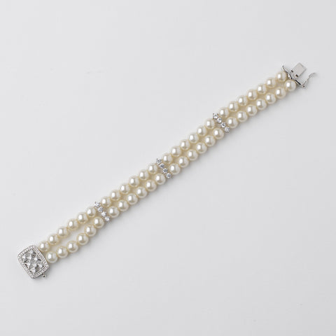 Rhodium CZ Double Row Ivory Pearl Bridal Wedding Bracelet 82066