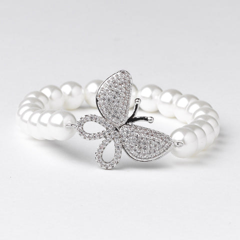 Rhodium CZ & Diamond White Pearl Butterfly Bridal Wedding Bracelet 82068
