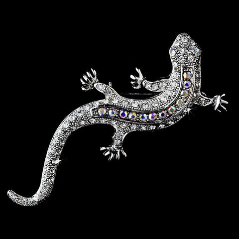 * Antique Silver Clear Aurora Borealis Rhinestone Lizard Bridal Wedding Brooch 100
