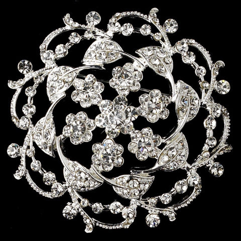 Silver Clear Rhinestone Flower Vine Bridal Wedding Brooch 1004