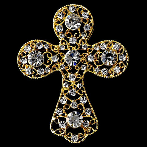 * Gold Clear Rhinestones Cross Bridal Wedding Brooch 105