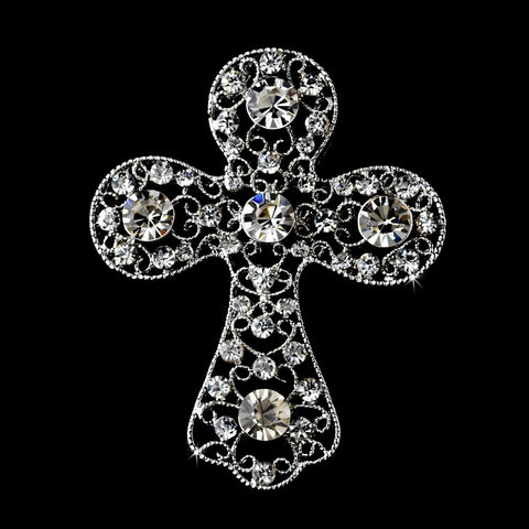 * Antique Silver Clear Rhinestone Cross Bridal Wedding Brooch 105