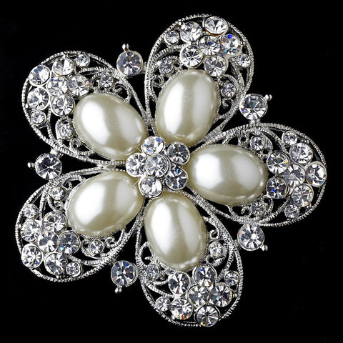 Antique Silver Ivory Pearl & Rhinestone Bridal Wedding Brooch 117