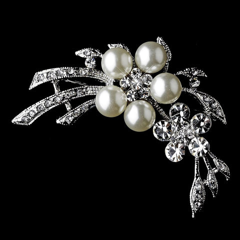 Antique Silver Pearl & Crystal Bridal Wedding Brooch 119