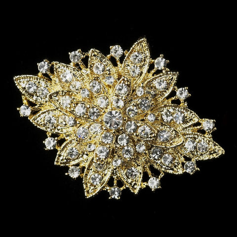 Gold Clear Crystal Flower Bridal Wedding Brooch 14
