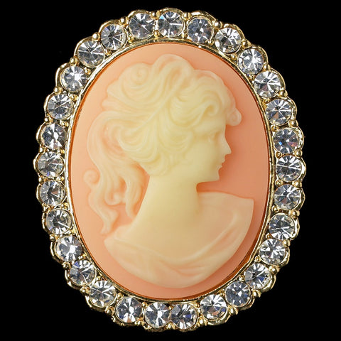 Gold Clear Cameo Bridal Wedding Brooch with Peach Background and Rhinestone Border