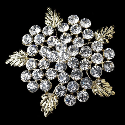 * Gold Clear Rhinestone Flower Leaf Bridal Wedding Brooch 149