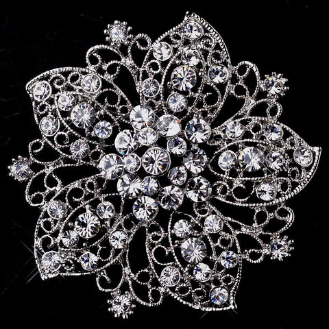 Antique Silver Flower with Rhinestones Bridal Wedding Brooch 156