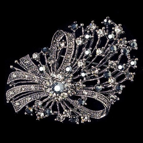Rhodium Smoke Black Rhinestone Bow Bridal Wedding Brooch