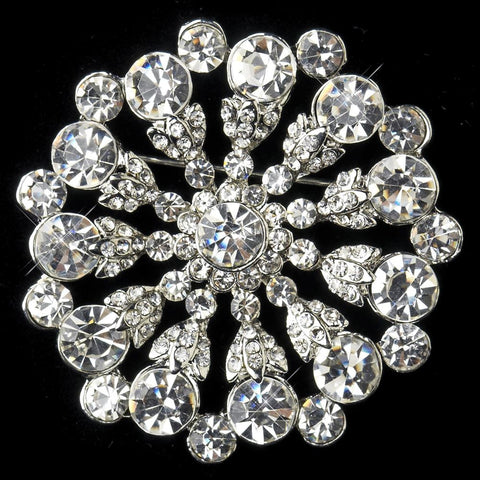 Antique Silver Clear Rhinestone Starburst Flower Bridal Wedding Brooch 171
