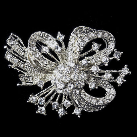 Antique Silver Clear Rhinestone Bow Tie Bridal Wedding Brooch 179