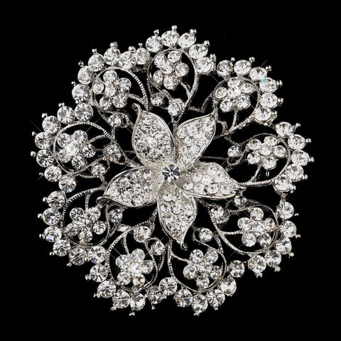 Antique Silver Clear Rhinestone Bridal Wedding Brooch 193