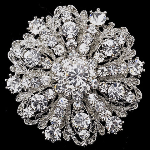Antique Silver Clear Rhinestone Bridal Wedding Brooch 194
