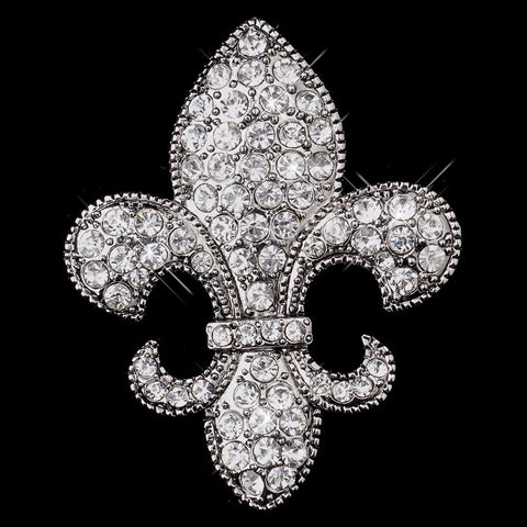 Antique Silver Clear Fleur De Lis Rhinestone Bridal Wedding Brooch 203
