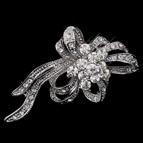 Antique Silver Clear Rhinestone Bridal Wedding Brooch 210