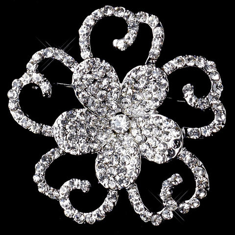 Antique Silver Clear Rhinestone Flower Bridal Wedding Brooch 220