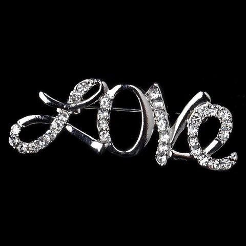 Antique Silver Clear Rhinestone Love Bridal Wedding Brooch 221