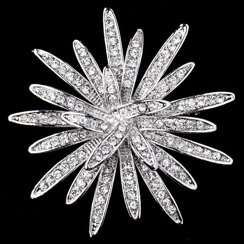 Antique Silver Clear Rhinestone Starburst Bridal Wedding Brooch 225