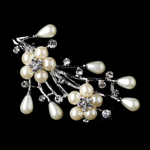 * Antique Silver Clear Rhinestone & Ivory Pearl Bridal Wedding Bouquet Bridal Wedding Brooch 227