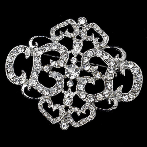 Antique Silver Clear Rhinestone Bridal Wedding Brooch 30732