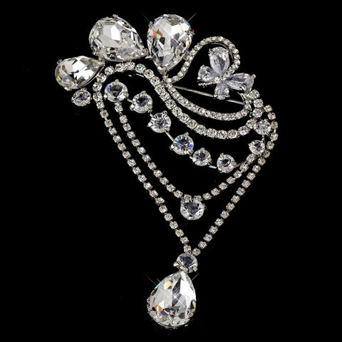 * Stunning Antique Silver Rhinestone Vintage Swirl Flair Bridal Wedding Brooch Pin - Bridal Wedding Brooch 45