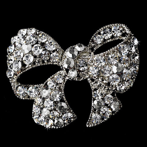 Antique Silver Clear Rhinestone Bow Pin Bridal Wedding Brooch 51