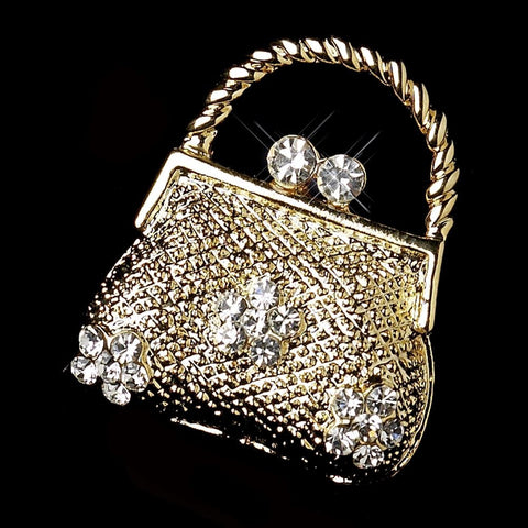 * Gold Clear Rhinestone Bridal Wedding Purse Bridal Wedding Brooch 77