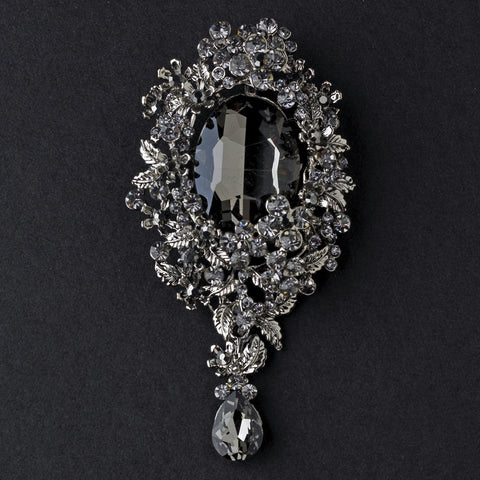 Antique Silver w/ Smoked Black Rhinestones Bridal Wedding Brooch 81