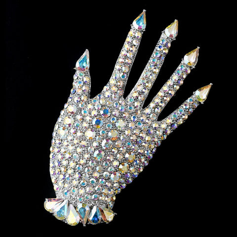 * Antique Silver Aurora Borealis Rhinestone Hand Bridal Wedding Brooch 87