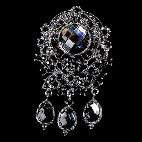 * Large Antique Silver with Black Rhinestones Celebrity Style Bridal Wedding Brooch 8777