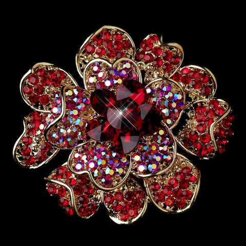 Gold Two Tone Red AB Flower Bridal Wedding Brooch 8779