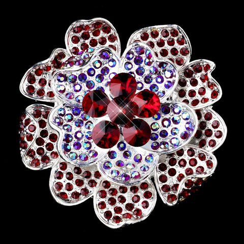 * Antique Silver Red & Blue AB Rhinestone Flower Bridal Wedding Brooch 8779