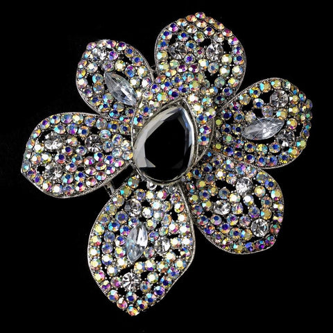 Antique Silver Clear AB and Black Rhinestone Flower Bridal Wedding Brooch 8798