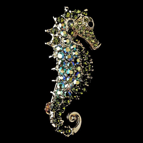 * Gold Green Aurora Borealis Rhinestone Seahorse Bridal Wedding Brooch 89
