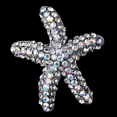 * Antique Silver Clear Aurora Borealis Rhinestone Starfish Bridal Wedding Brooch 90